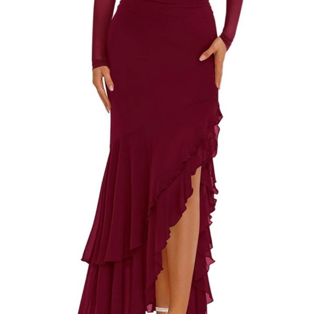 Women’s Burgundy Ruffle High-Slit Maxi Dress